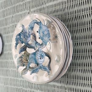 Coastal Design Salad/Dessert Plates, Set of 5 plus Set of 4 Sealife Napkin Rings
